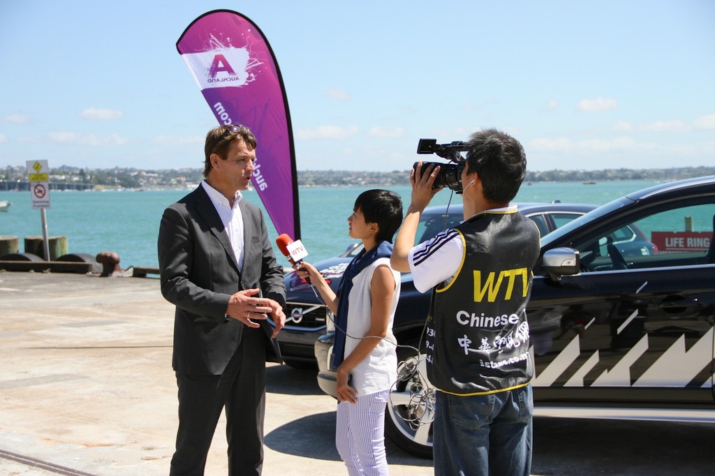 Knut Frostad is interviewed by a local Chinese TV crew at this morning’s announcement of Auckland as a two-edition stopover for the Volvo Ocean Race © Richard Gladwell www.photosport.co.nz